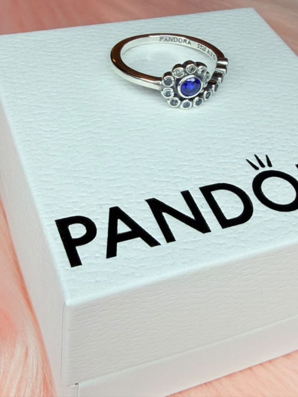 Pandora Sterling Silver Ring with Blue Center and Halo Accents